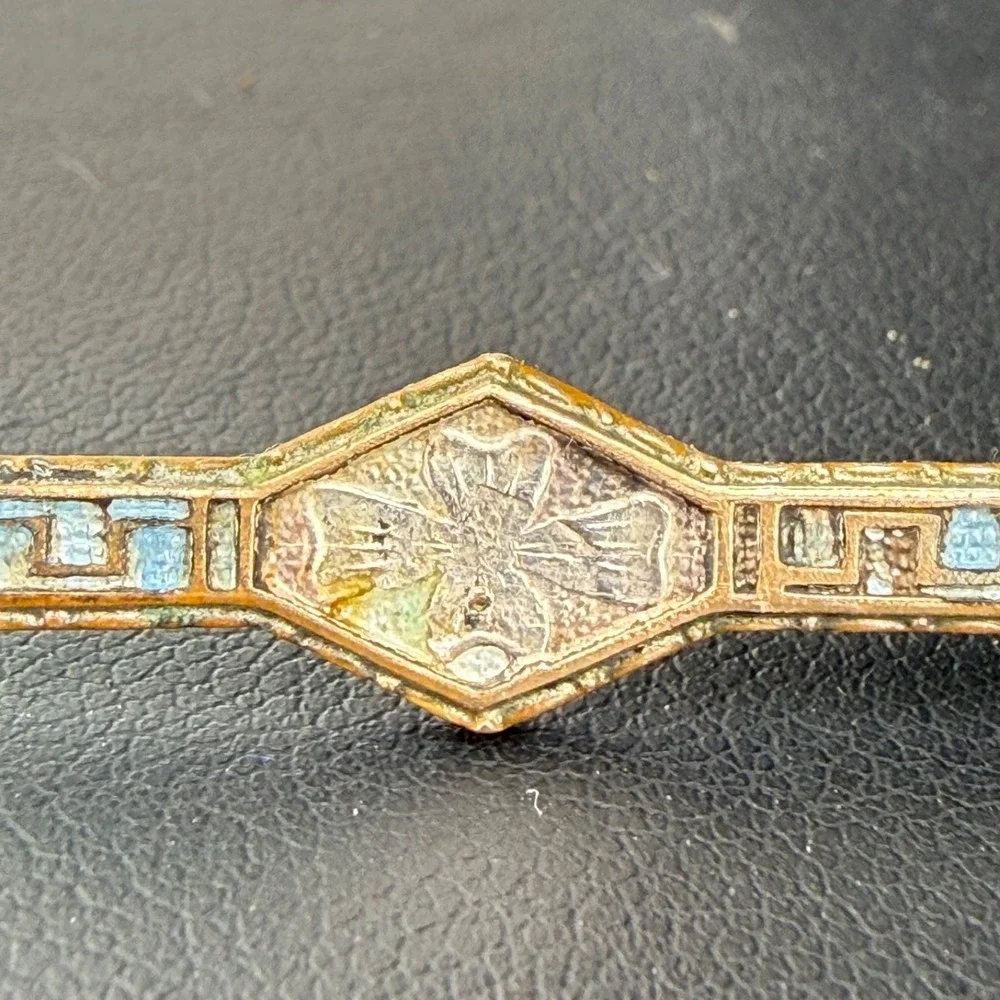 Vintage Bar Brooch Gold Tone Blue Enamel Art Deco Revival‎